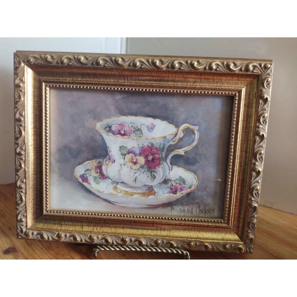 Barbara Mock Framed Matted Print 9" x 7" Royal Albert Montrose Teacup & Saucer - Picture 1 of 11